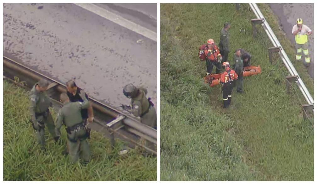 Piloto e menina são resgatados de local de queda de helicóptero em Caieiras, na Grande SP.