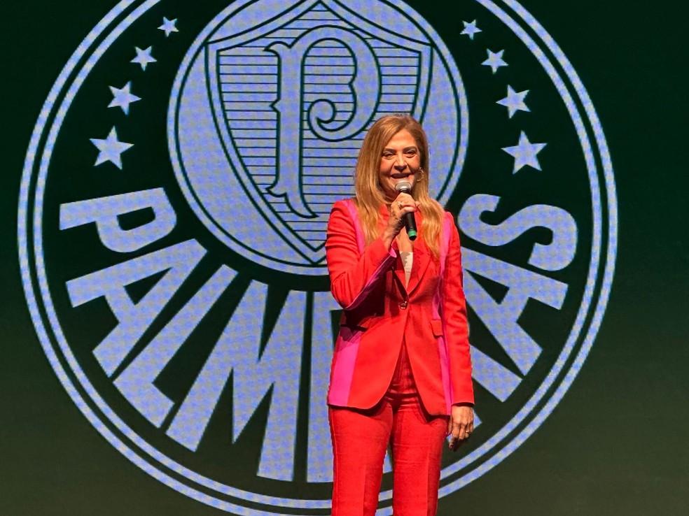 Leila Pereira em evento do Palmeiras para lançamento de novo patrocinador