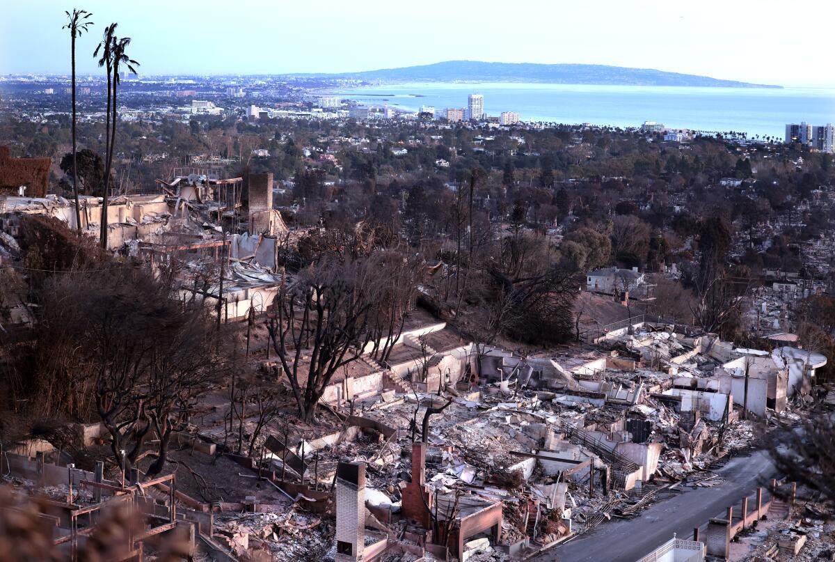 Uma visão ampla de casas destruídas no Pacific Palisades.