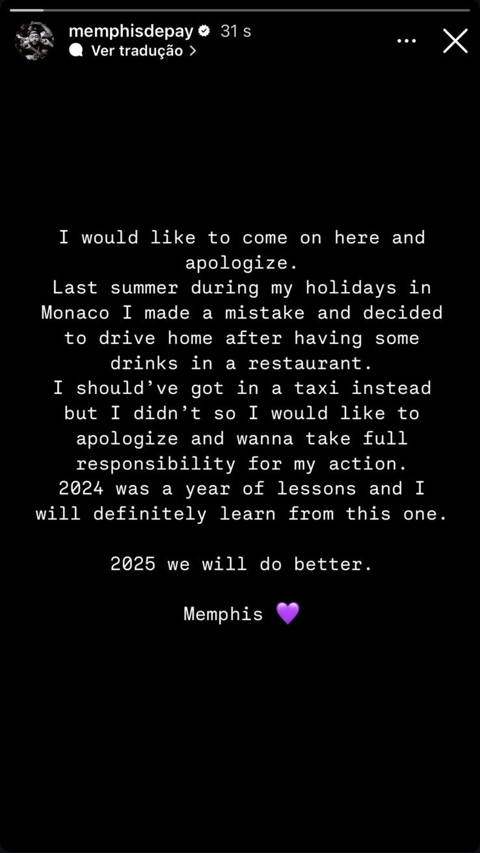 Memphis usou as redes sociais para pedir desculpas