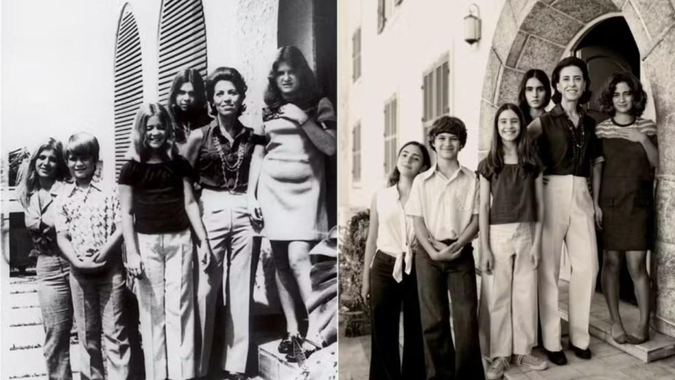 A esquerda, família Paiva que inspirou o filme Ainda estou aqui. A direita, cena do filme que concorre ao Oscar 2025.