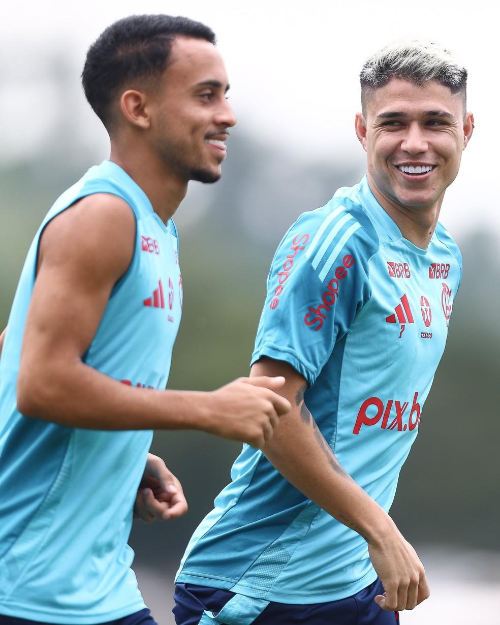 Matheus Gonçalves e Luiz Araújo em treino do Flamengo