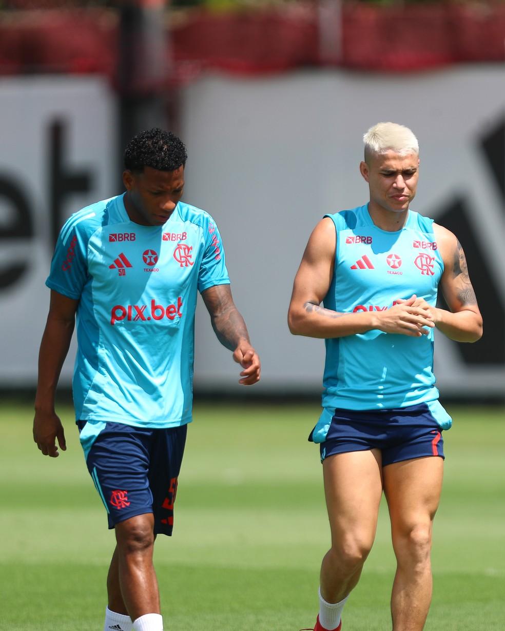 Plata e Luiz Araújo em treino do Flamengo