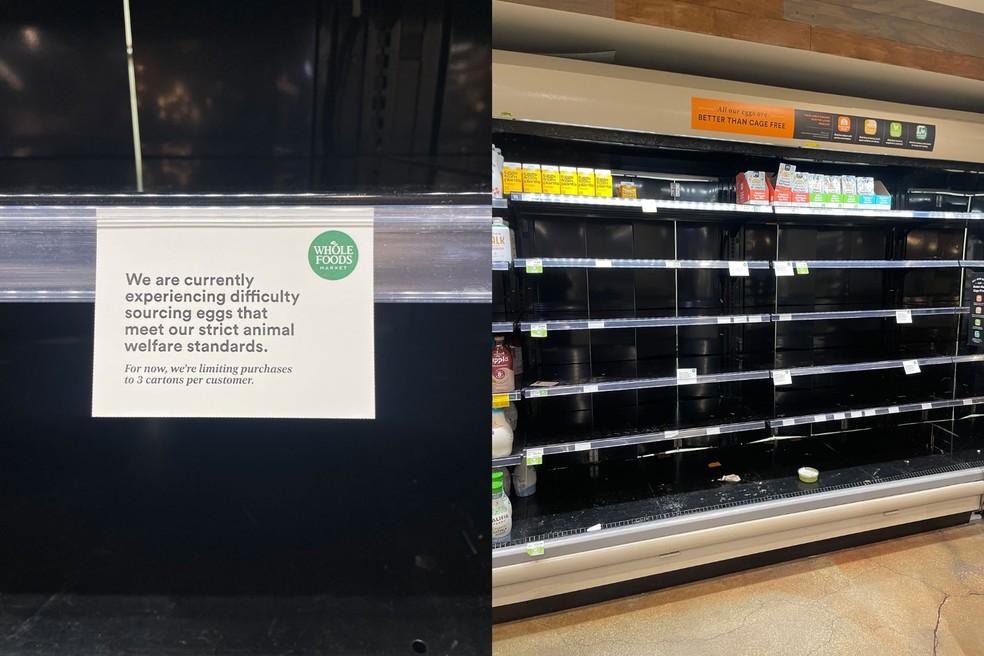 Prateleiras de ovos em supermercado nos EUA