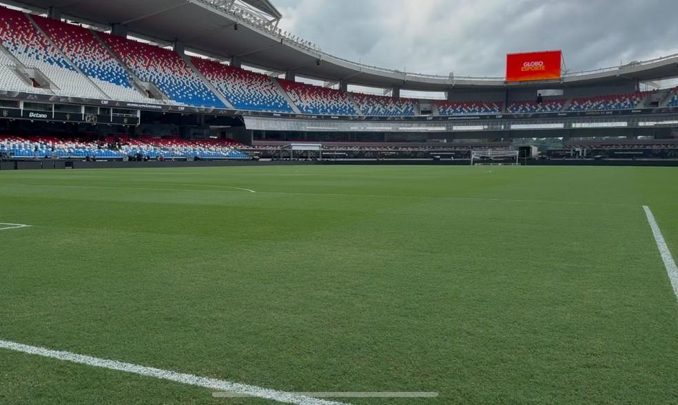 Aparência do gramado na grande área no Estádio Mangueirão