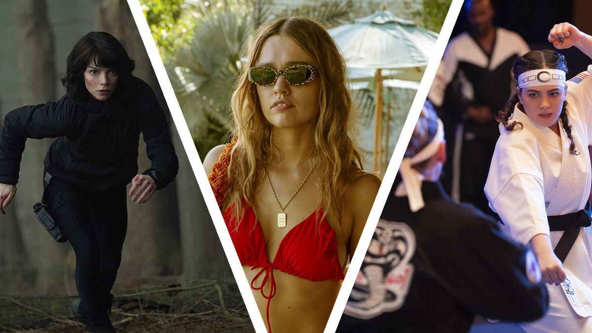 Colagem de imagens dos filmes e séries The Gorge, The White Lotus e Cobra Kai