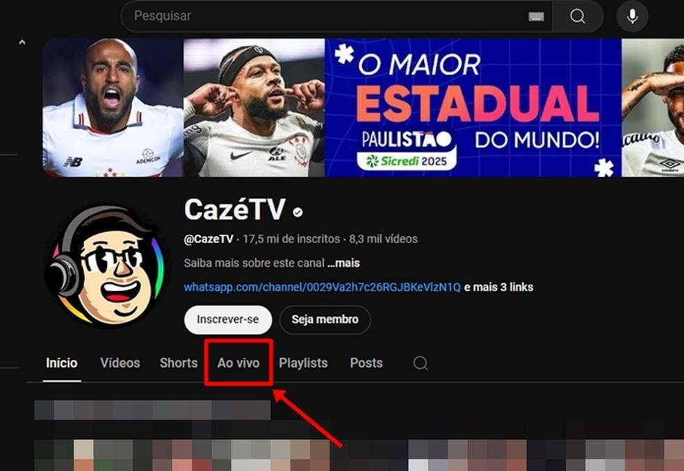 No canal CazéTV, do YouTube, escolha o campo “Ao Vivo” para visualizar as transmissões online — Foto: Reprodução/Gabriela Andrade