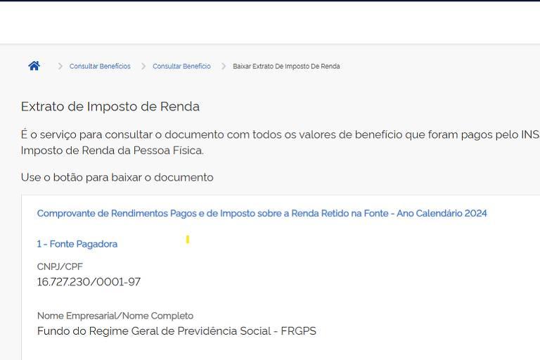 Extrato do Imposto de Renda para aposentados do INSS