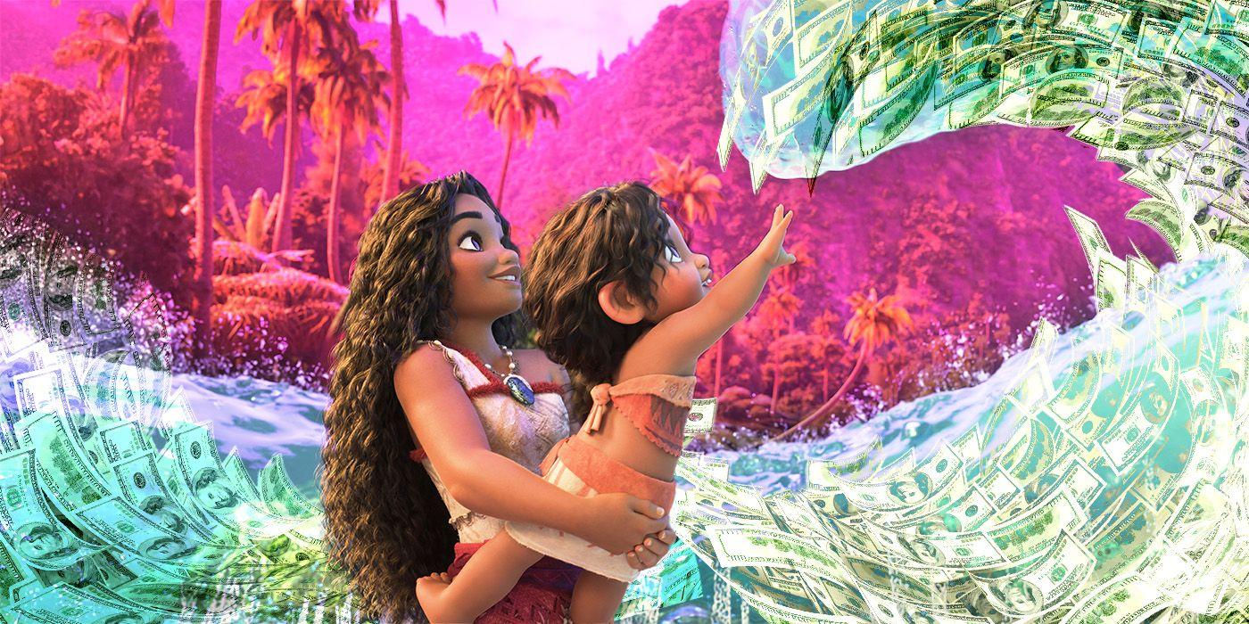 Moana segurando uma criança que está alcançando uma onda de notas de dólar.