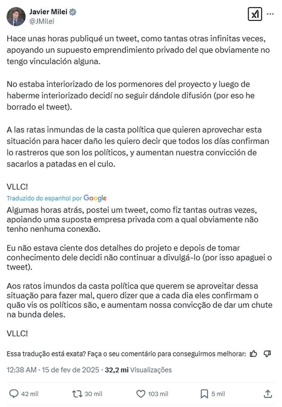 Tweet de Milei após a polêmica