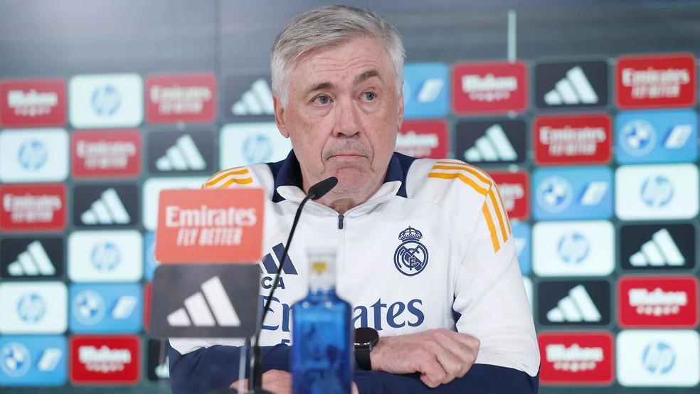 Carlo Ancelotti durante coletiva no Real Madrid