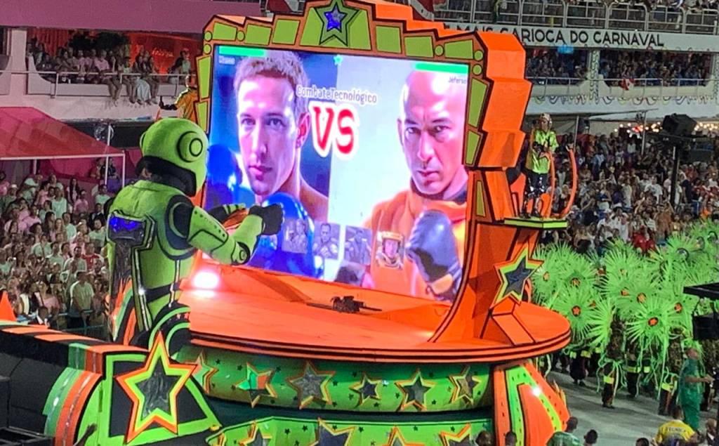 Mark Zuckerberg e Jeff Bezos em desfile da Mocidade Independente de Padre Miguel