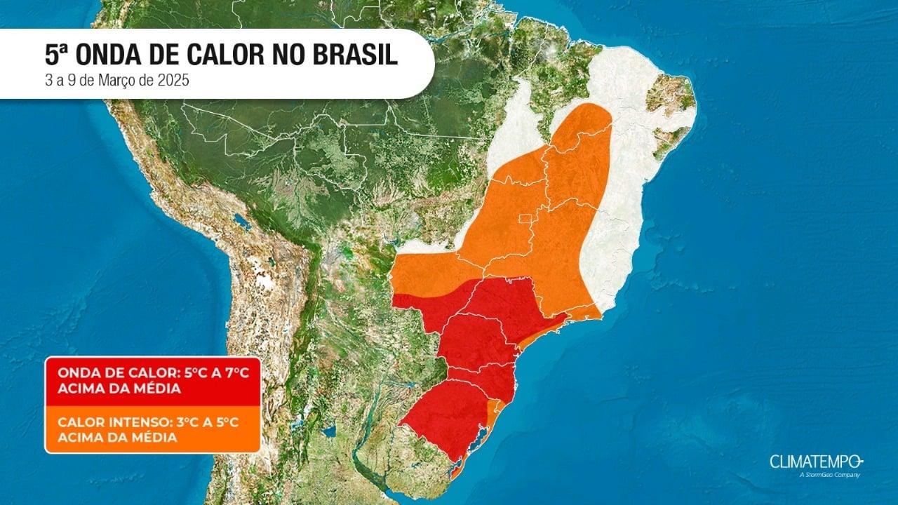 Mapa de onda de calor até dia 09 de Março de 2025