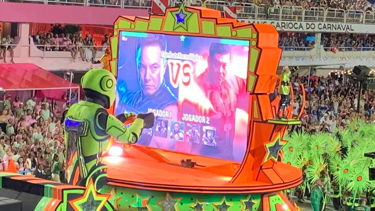 Elon Musk e Mark Zuckerberg em desfile da Mocidade Independente de Padre Miguel