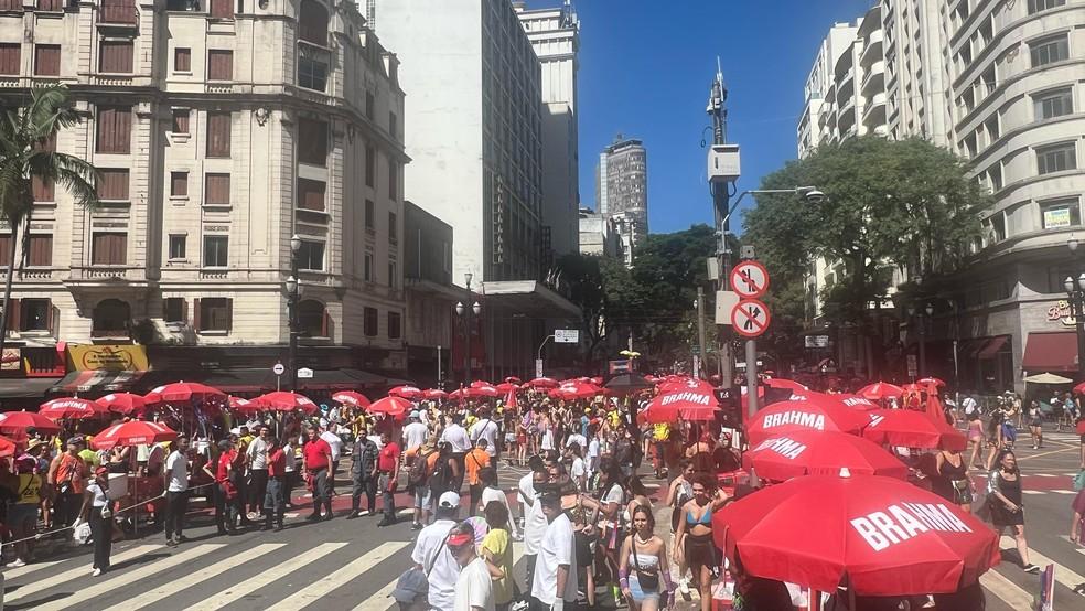 Foliões desfilando pelo Centro de São Paulo