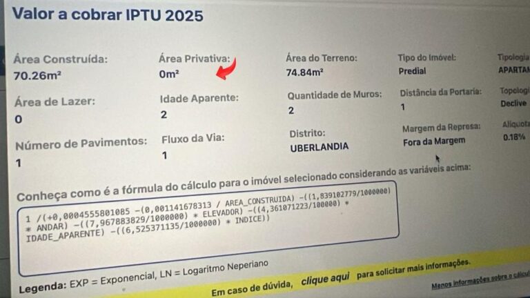 Contribuintes de Uberlândia Contestam Cálculo do IPTU devido a ‘Área Privativa’ Zerada