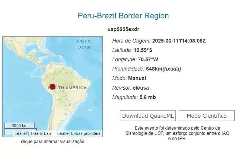 Terremoto de magnitude 5,7 atinge fronteira entre Brasil e Peru