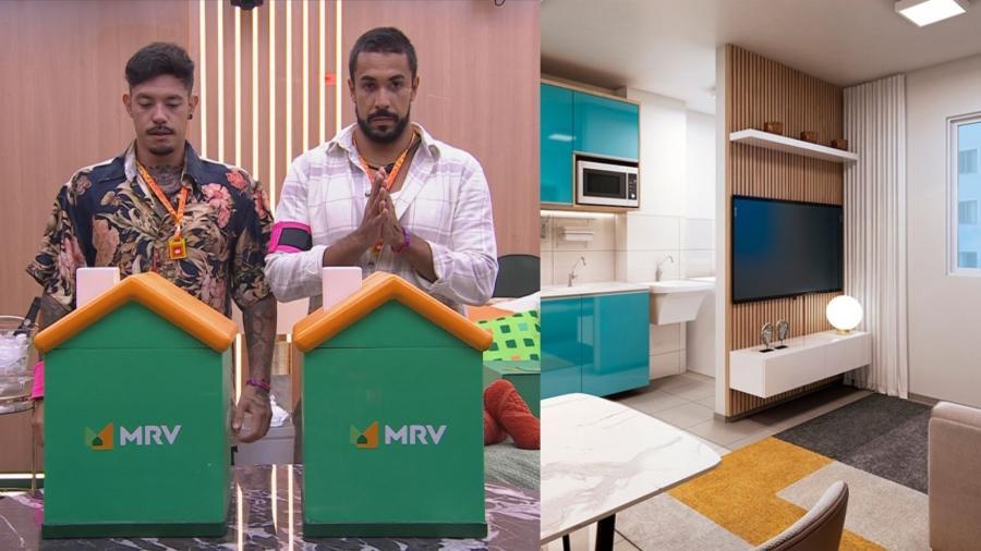 Gabriel e Maike, do BBB 25; ao lado, exemplo de imóvel da MRV