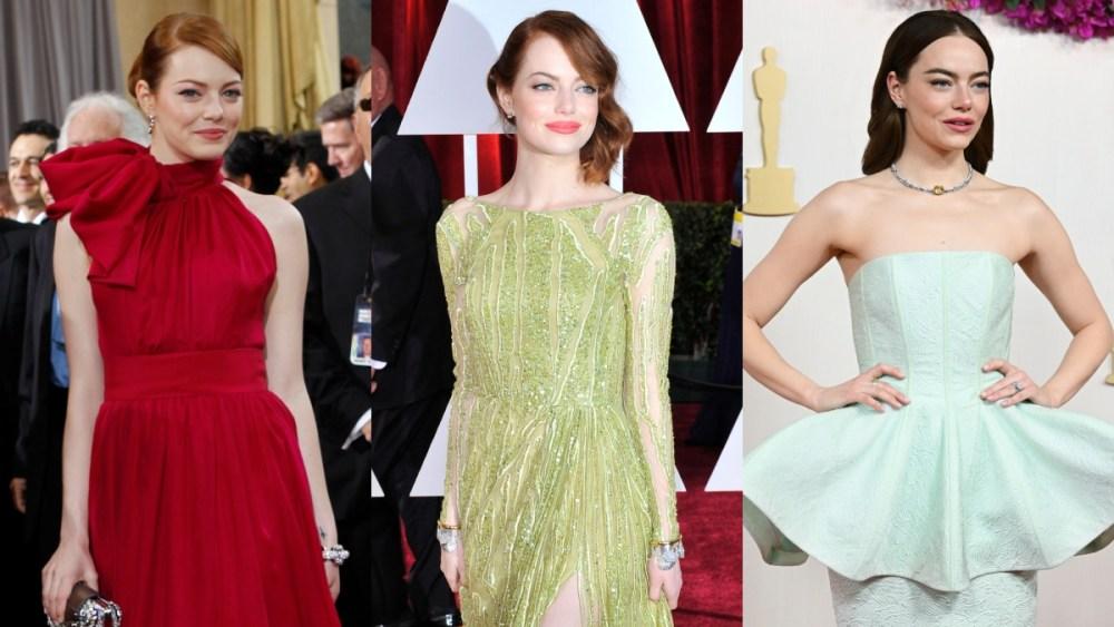 Emma Stone at the Oscars in 2012, 2015 and 2024
