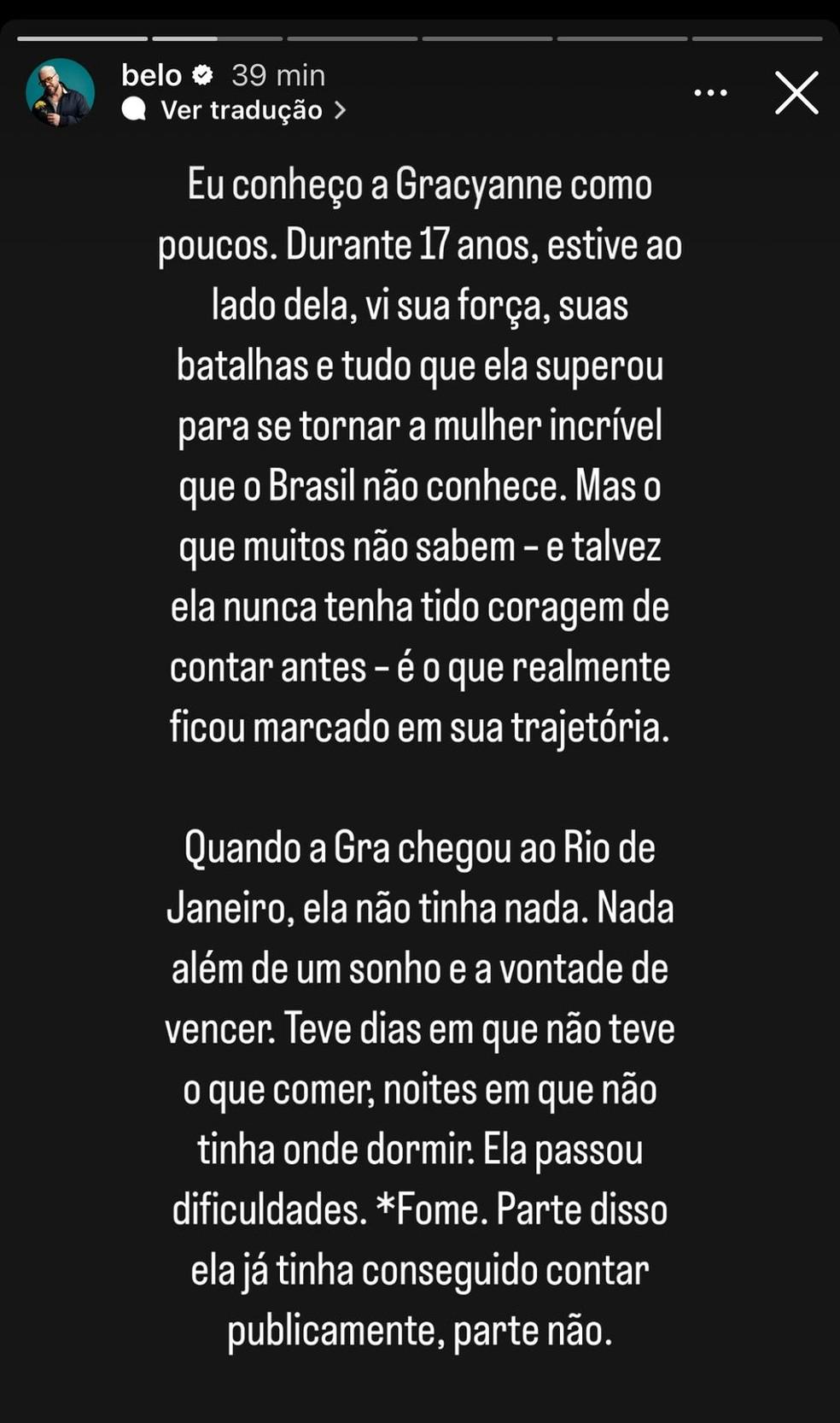 Belo faz postagem nas redes sociais sobre Gracyanne Barbosa