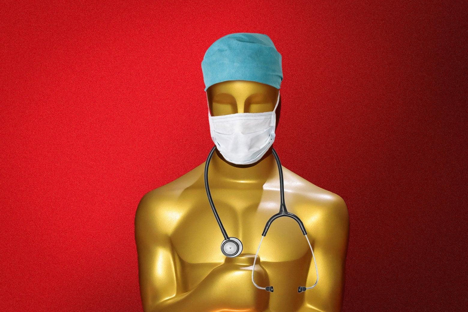 Estátua do Oscar vestindo roupas de médico com máscara cirúrgica e estetoscópio