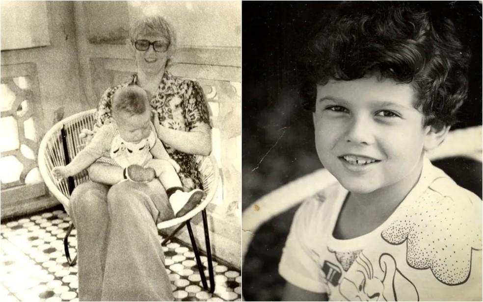 O ator Selton Mello no colo de sua mãe e durante infância no Sul de Minas