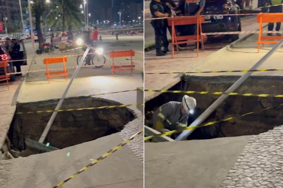 Grande buraco se abriu no calçadão da orla de São Vicente
