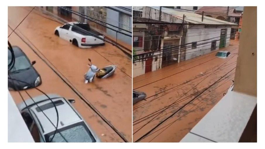 Carros submersos em Aparecida devido à enchente