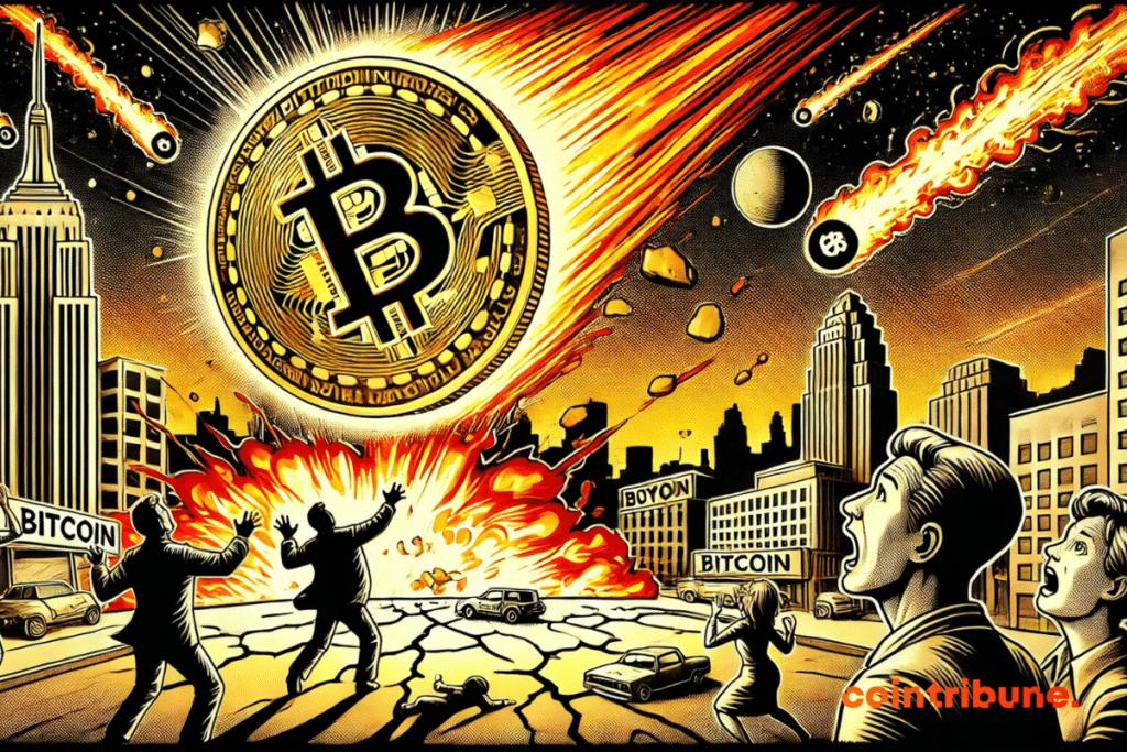 Bitcoin falling from the sky like a meteorite, leaving traders in panic.