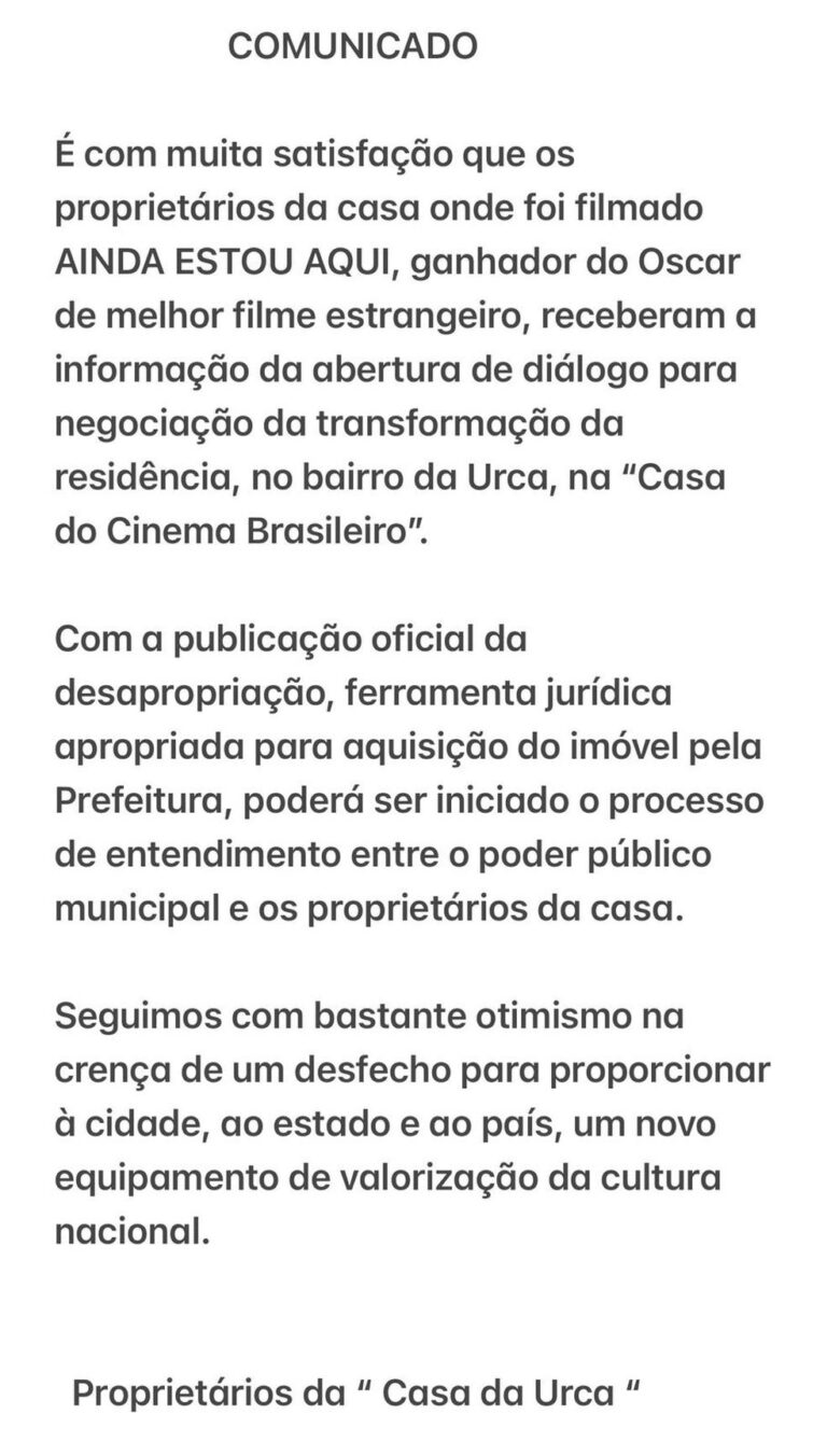 Casa da Urca é transformada em Casa do Cinema Brasileiro após Oscar de ‘Ainda Estou Aqui’