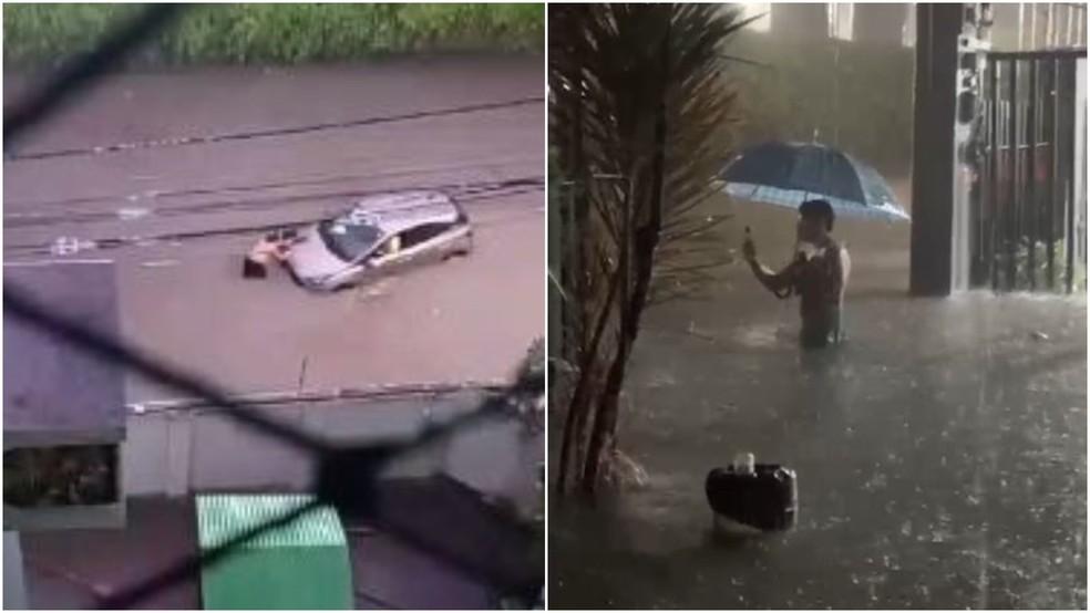Veículos boiando na Rua Farias Lima durante a chuva forte em Fortaleza.