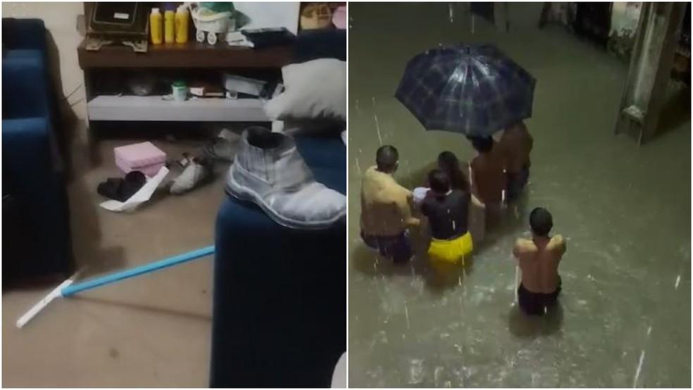 Idosa sendo retirada de casa em Jardim União após alagamento.