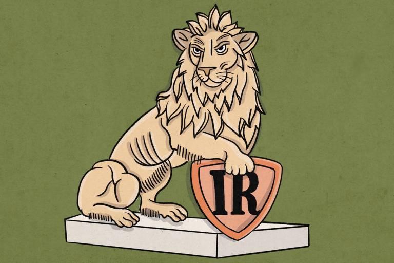 Leão estilizado segurando escudo com letras 'IR'
