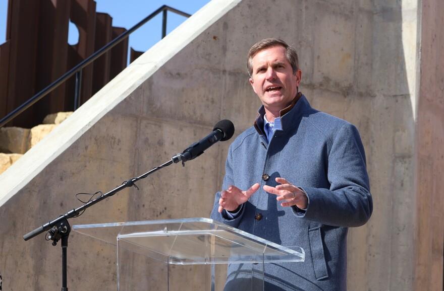 Kentucky Gov. Andy Beshear speaking at the Waterfront Park Playport opening in Louisville on March 26, 2025.