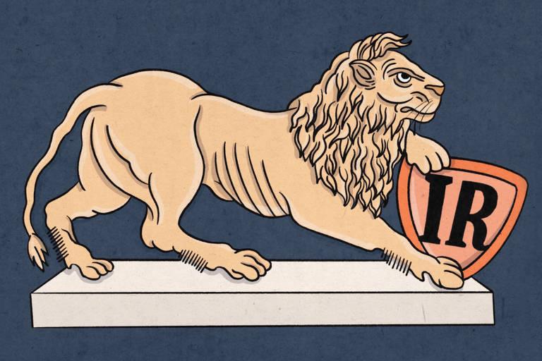 Leão em alerta com escudo do Imposto de Renda