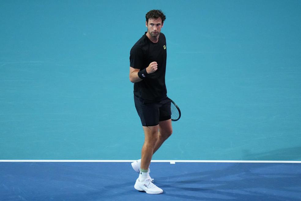 Quentin Halys em ação contra Thiago Wild no Miami Open