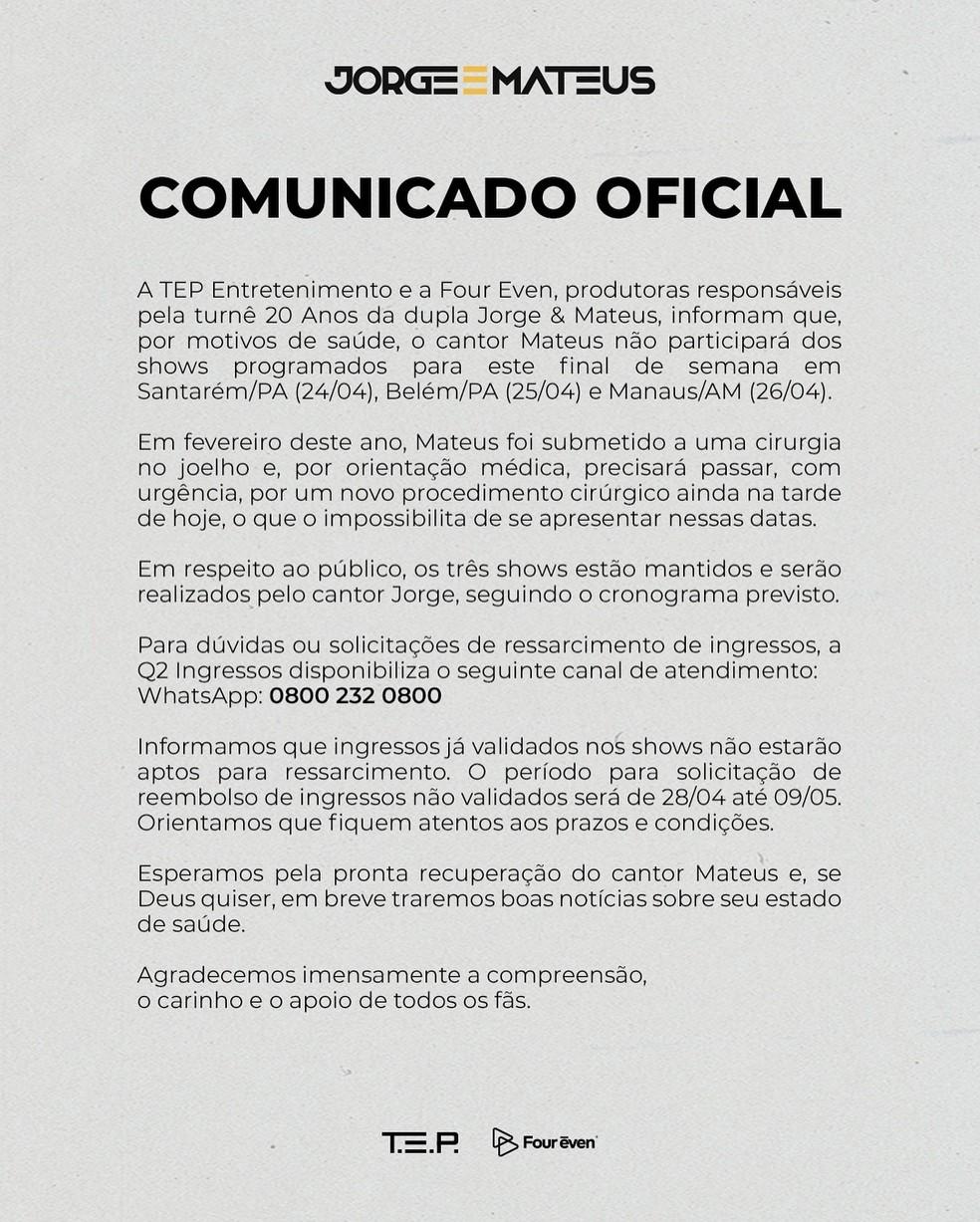 Mateus, da dupla com Jorge, se afasta de shows por conta de cirurgia no joelho