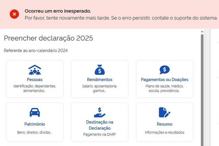 Tela de erro no programa Meu Imposto de Renda para declaração do IR