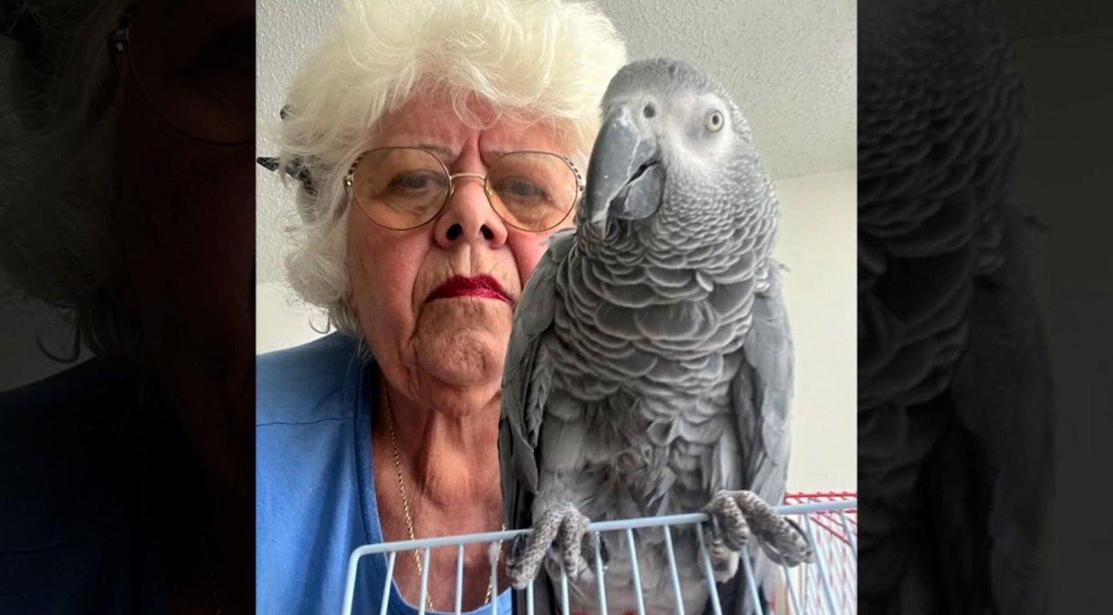Maria Fraterrigo, 76, com seu papagaio.