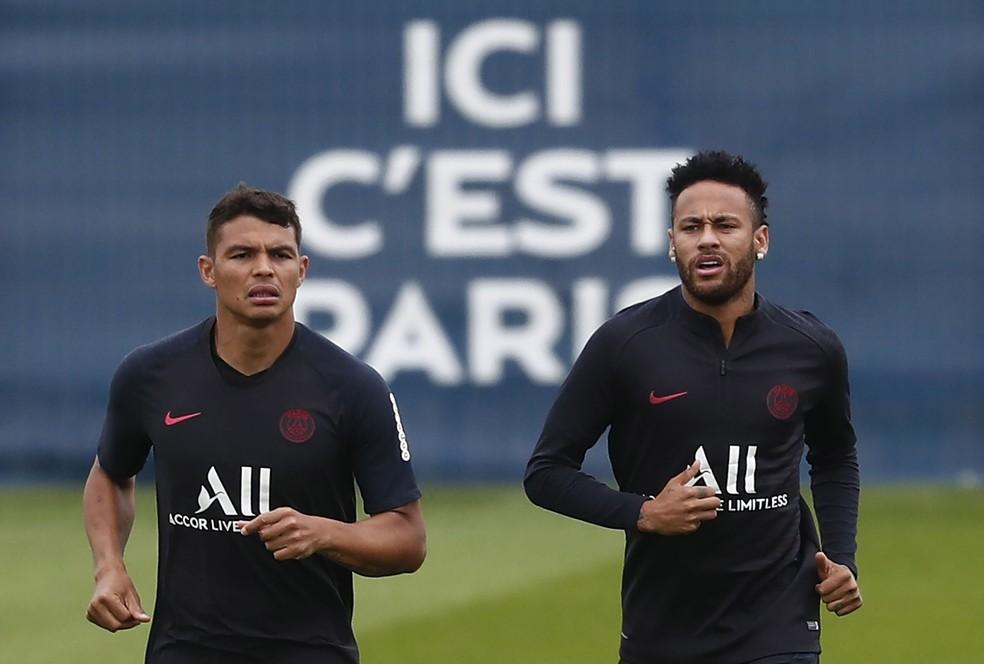 Thiago Silva e Neymar treinando no PSG