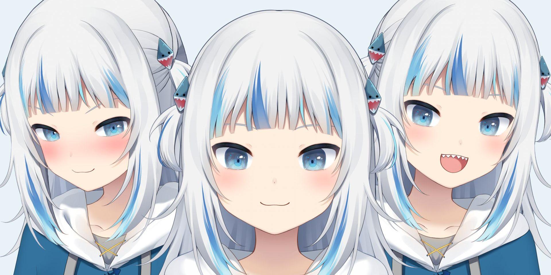 Hololive VTuber Gawr Gura mostrando sua nova expressão facial.