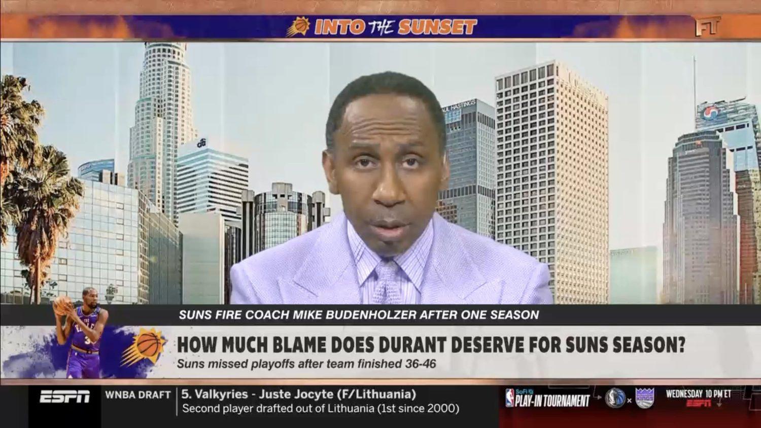 Stephen A. Smith discutindo sobre Mat Ishbia, proprietário do Phoenix Suns, no programa First Take.
