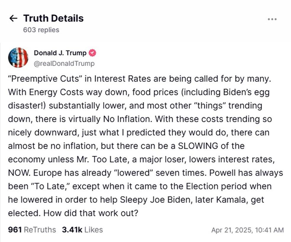 Post do Trump na Truth Social em 21 de abril com novas críticas ao presidente do Fed