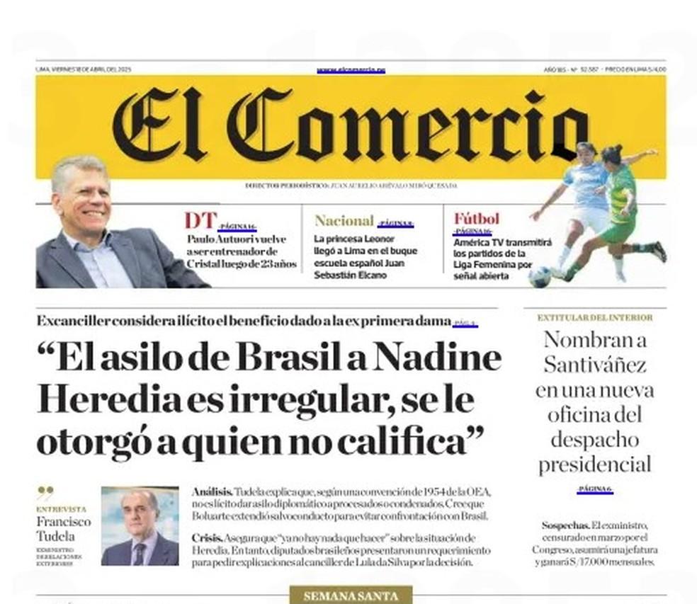 Capa do jornal 'El Comercio' do Peru sobre o asilo de Nadine Heredia