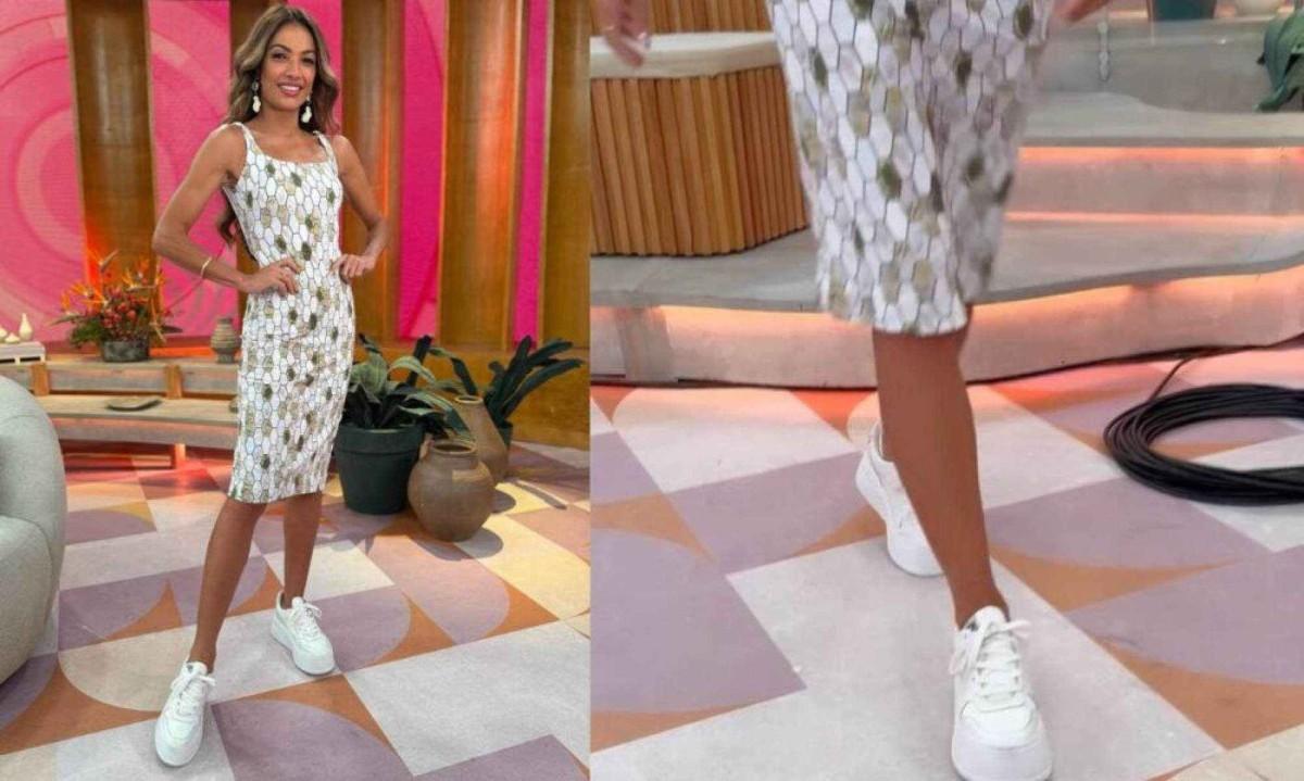 Patrícia Poeta durante o programa Encontro, lesionada no joelho, com um visual diferente