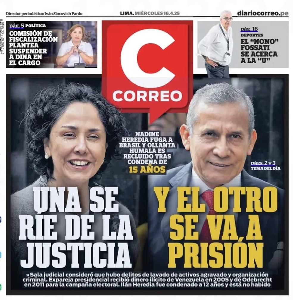 Capa do jornal peruano 'Correo' sobre o asilo de Nadine Heredia