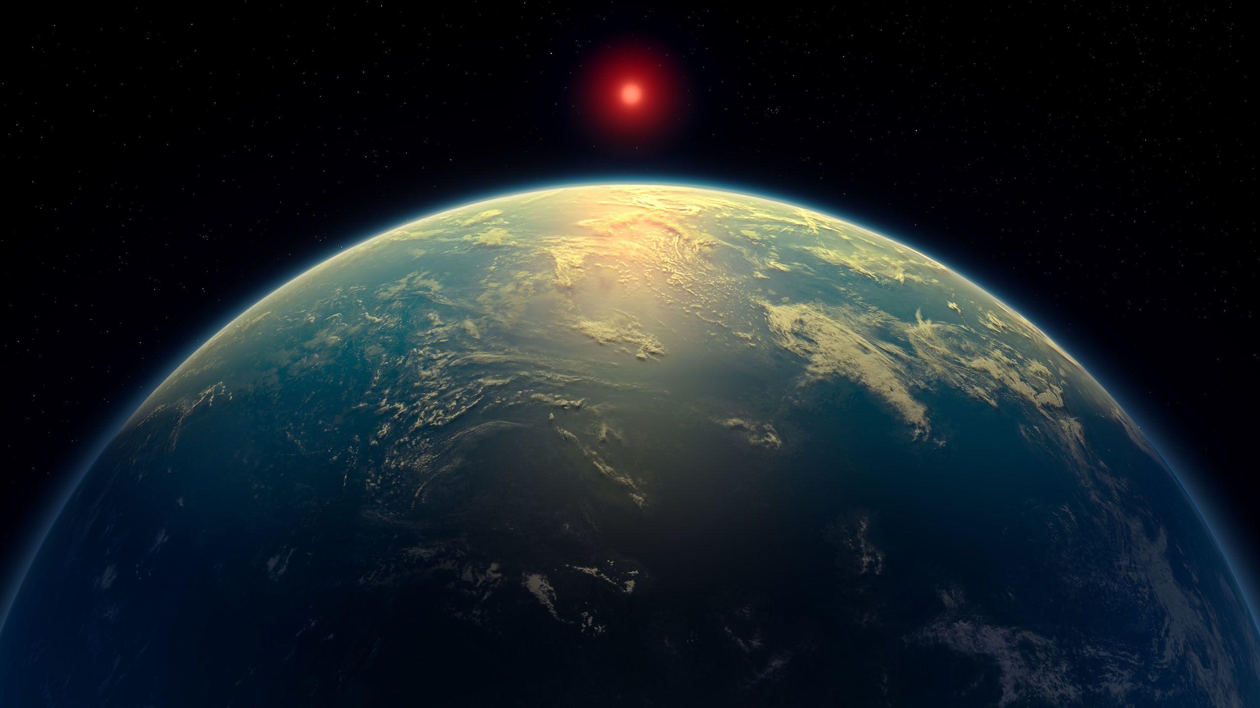 Ilustração de um grande planeta coberto por oceanos orbitando uma estrela anã vermelha