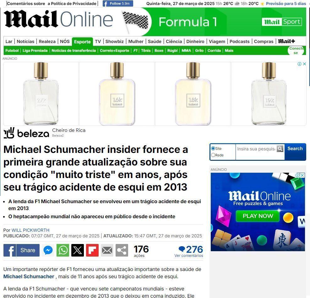 Jornal inglês publica reportagem sobre a atualização no estado de saúde de Michael Schumacher.