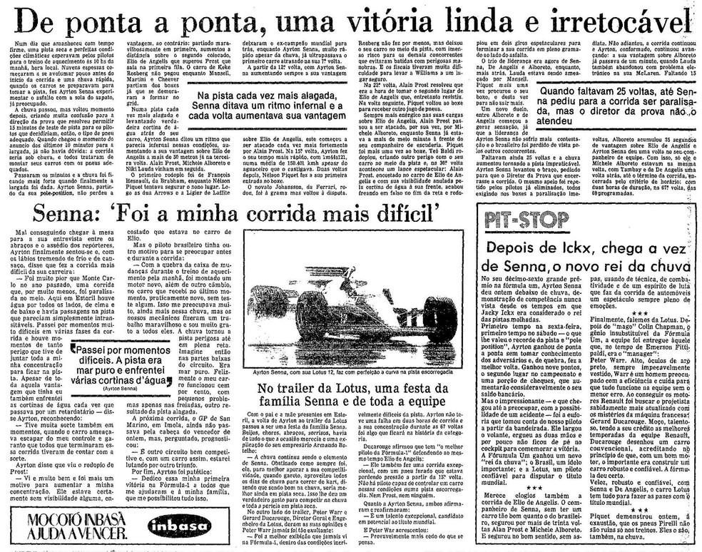 O Globo exalta Senna após vitória em Estoril e o coloca como Rei da Chuva.