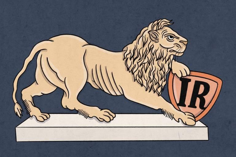 Leão estilizado em alerta com escudo do Imposto de Renda